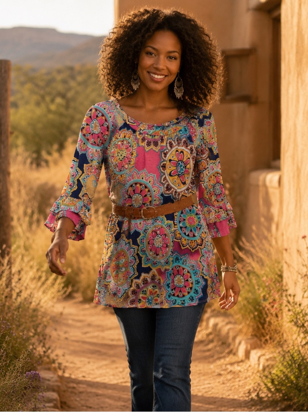 Boho Medallion Floral Bell Sleeve Tunic Mini Dress Pink Multicolor